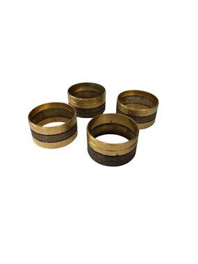Vintage Set of 4 Two Tone Brass Tone Metal Napkin Rings Textured Striped Design